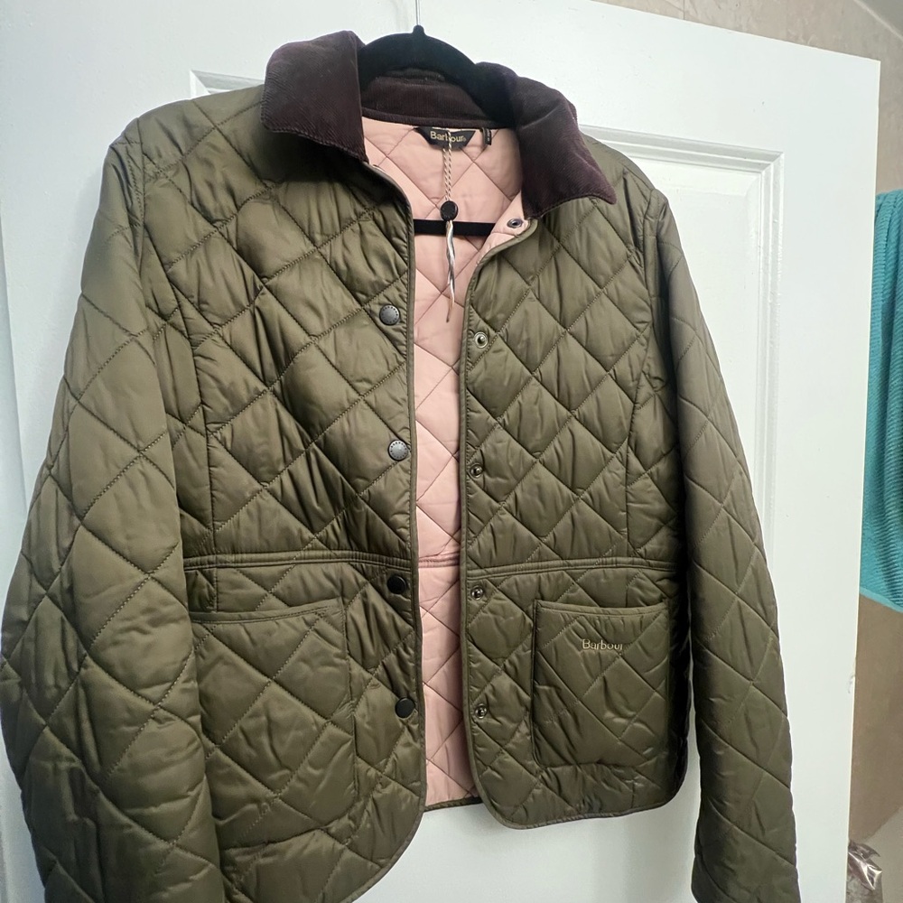 Barbour Khaki Quilted Jacket with Soft Pink Interior